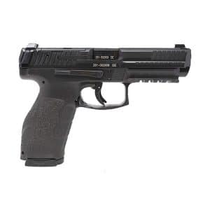 Side view of a black semi-automatic handgun with a textured grip and accessory rails on the frame and slide edge.
