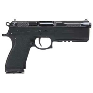 Side view of a black semi-automatic pistol with textured grip on a white background