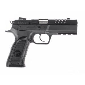 Side view of a black semi-automatic pistol with a textured grip and silver slide, isolated on white background.