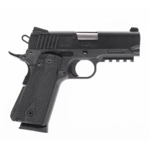 Black semi-automatic handgun shown in profile with a textured grip and accessory rail on the frame.