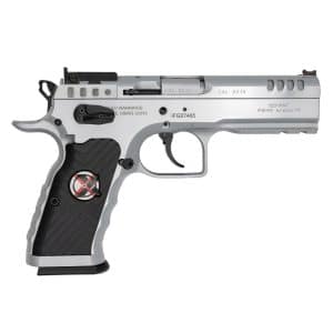 Side view of a silver and black semi-automatic pistol with a black textured grip and trigger guard visible