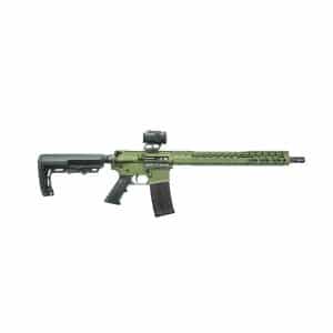 Green and black tactical rifle with scope, rail handguard, adjustable stock, and detachable magazine (profile view)