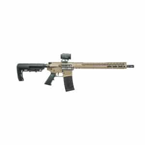 Tan and black semi-automatic rifle with a scope mounted on top and a detachable magazine, shown in profile on a white background.