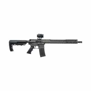 Modern sporting rifle with collapsible stock, scope, and long handguard shown on a white background.