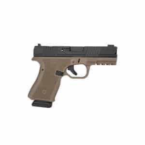 Tan and black semi-automatic pistol with a visible magazine in the grip.
