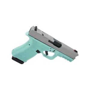 Teal grip, gray slide semi-automatic pistol seen from the left side, product photo.