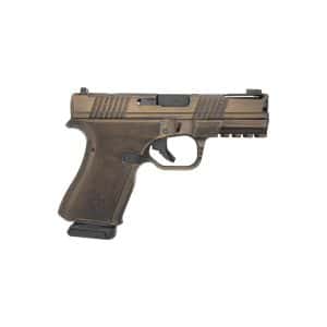 Tan-colored semi-automatic handgun shown in profile with a textured grip and magazine attached underneath the grip plate of the base magwell.