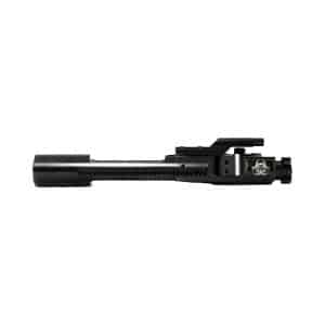 AR-15 style bolt carrier group in black finish with charging handle, photographed on white background