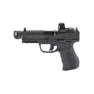 Black semi-automatic pistol with a mounting rail and compact grip, shown from the left side.