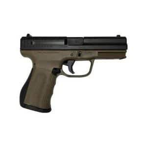 Side view of a compact semi-automatic pistol with a brown grip and black slide.