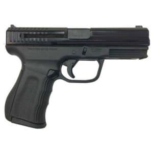 Black semi-automatic pistol with a textured grip and top rail, shown in profile against a white background