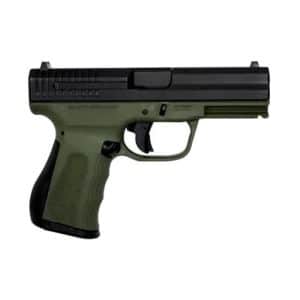 Side view of a green-grip semi-automatic pistol with a black slide, shown in profile.