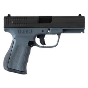 Side view of a Patriot II semi-automatic pistol with a blue-gray grip and black slide, shown against a white background.