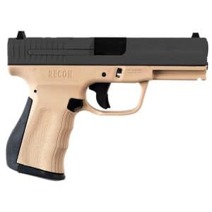 Tan and black semi-automatic pistol with textured grip, labeled RECON, shown in side view.