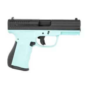 Turquoise toy handgun with a black slide on a white background, meant for play/simulation of a pistol