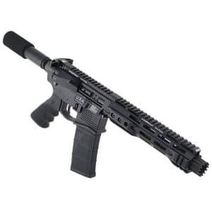 Black tactical rifle with an extended rail system, polymer magazine, and a foam-covered muzzle attachment.