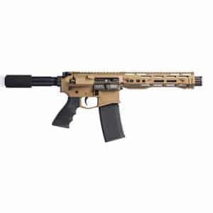 Tan AR-style rifle in profile with black grip, magazine, suppressor, and quad-rail handguard.