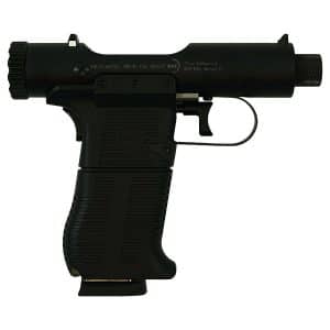Black pistol-shaped airsoft gun with a long suppressor tube and textured grip, viewed from the side, showing trigger guard and rail area.