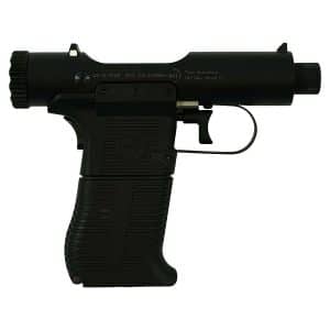 Side view of a black semi-automatic pistol with a long suppressor-style barrel attachment and textured grip.