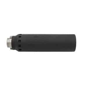 Black cylindrical firearm suppressor with a metal mounting end on the left side.