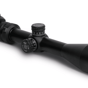 Black riflescope with adjustment knobs and large objective lens, on a white background (Konus branding visible).