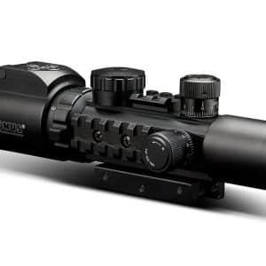 Black riflescope with adjustment dials and a rail mount, Konus brand, shown from a side angle with a white background