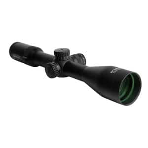 Black riflescope with adjustment turrets and a green-tinted front lens against a white background.