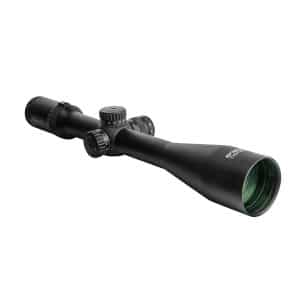 Black rifle scope with multiple adjustment dials, viewed from the side with a green-tinted front lens