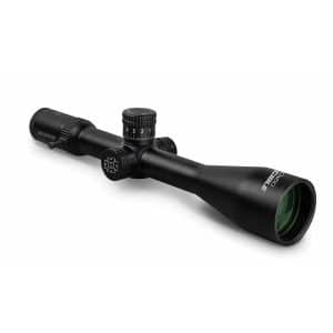 Black riflescope with elevation and windage adjustment turrets and matte finish, angled to show lens end