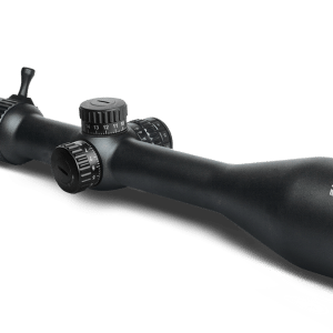 Black rifle scope with adjustable turrets and a green-tinted objective lens, branded Konus University? (avoid over-guessing) - simply: Black rifle scope with adjustable elevation and windage turrets and a green-tinted front lens.