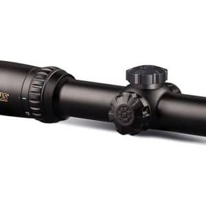 Konus rifle scope with adjustable turrets and green-tinted lens on a black matte body