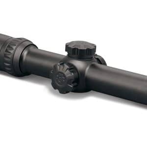 Rifle scope with two adjustment turrets and green-edged objective lens on a white background