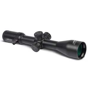 Black rifle scope with adjustable turrets and large objective lens, branded Konus, shown in a low-angle side view.