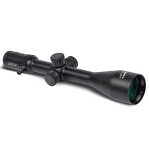 Black rifle scope with four adjustment knobs and a green-tinted objective lens, Konus brand