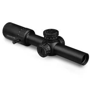 Black riflescope with adjustable turrets and a long matte tube, shown on a white background (informative product photo).