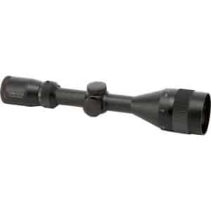 Black rifle scope with adjustable turrets and a large objective lens