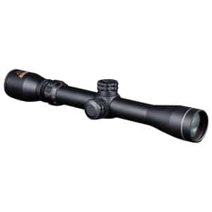 Black rifle scope with two adjustment knobs and a front lens, viewed at an angle, matte finish.