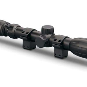 Black rifle scope with two mounting rings and adjustment knobs (Konus brand)
