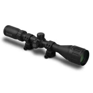 Black rifle scope with two mounting rings and adjustment dials on a white background