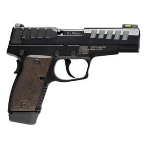 Side view of a black semi-automatic handgun with a brown checkered grip, labeled 9×19 mm on the slide (gun model visible).