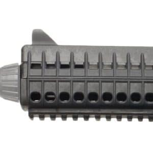 Close-up of a rifle barrel with a perforated black handguard and integrated bottom rail on the underside, showing vented slots.
