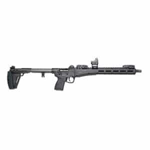 Modern tactical rifle with rail handguard, optic sights, and adjustable stock on a white background