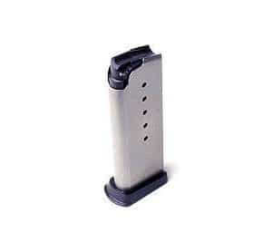Metal pistol magazine with a dark base plate, standing upright.