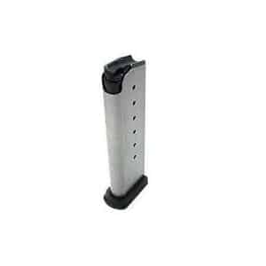 Silver handgun magazine with a black baseplate standing upright on a white background.