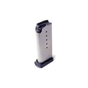 Metal pistol magazine with black top and base, standing upright with round-count holes visible