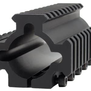 Close-up of a black Picatinny rail mount with a clamp and locking screw, used to attach optics or accessories to a firearm or airsoft gun.