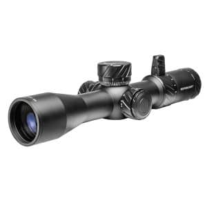 Black rifle scope with three adjustment dials and a large front lens (Meprolight branding).