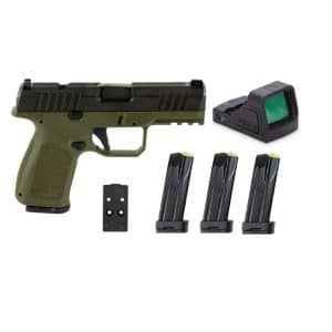 Olive-green semi-automatic handgun with rail, three magazines, a compact red-dot sight, and a mounting plate on a white background.