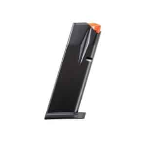 Black handgun magazine with an orange follower standing upright.