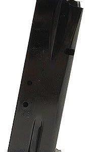 Black metal firearm magazine standing upright, with feed lips at the top and a base plate at the bottom